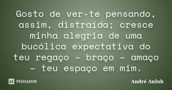 Gosto de ver-te pensando, assim, distraída; cresce minha alegria de uma bucólica expectativa do teu regaço – braço – amaço – teu espaço em mim.... Frase de André Anlub.