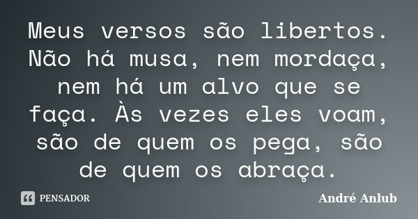 Meus versos são libertos. Não há musa, nem mordaça, nem há um alvo que se faça. Às vezes eles voam, são de quem os pega, são de quem os abraça.... Frase de André Anlub.