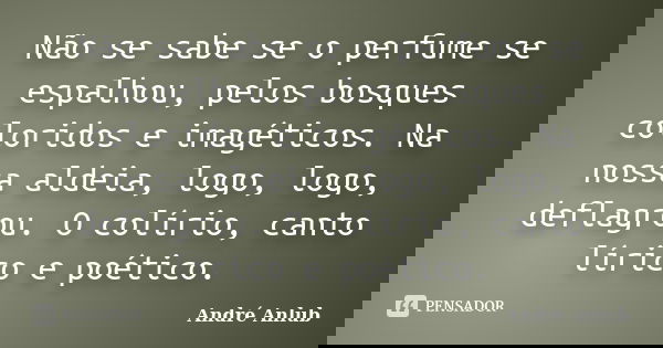 Não se sabe se o perfume se espalhou, pelos bosques coloridos e imagéticos. Na nossa aldeia, logo, logo, deflagrou. O colírio, canto lírico e poético.... Frase de André Anlub.