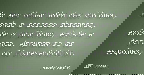 No seu olhar além das colinas, onde o sossego descansa, existe o profícuo, existe a herança. Aprumam-se as esquinas, do livre-arbítrio.... Frase de André Anlub.