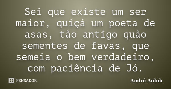 Sei que existe um ser maior, quiçá um poeta de asas, tão antigo quão sementes de favas, que semeia o bem verdadeiro, com paciência de Jó.... Frase de André Anlub.