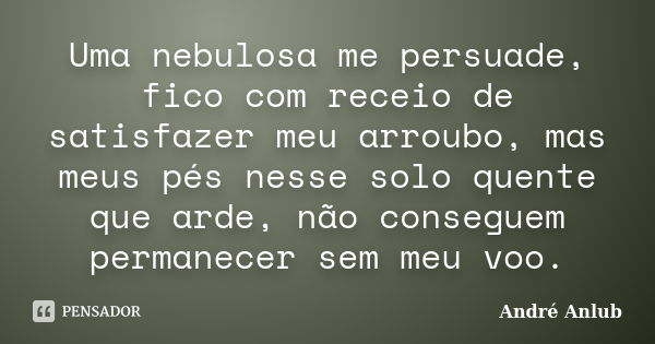 Uma nebulosa me persuade, fico com receio de satisfazer meu arroubo, mas meus pés nesse solo quente que arde, não conseguem permanecer sem meu voo.... Frase de André Anlub.