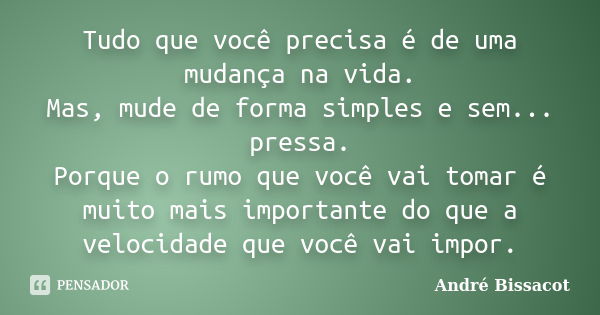 Tudo que você precisa é de uma mudança na vida. Mas, mude de forma simples e sem... pressa. Porque o rumo que você vai tomar é muito mais importante do que a ve... Frase de André Bissacot.