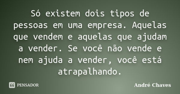 Só existem dois tipos de pessoas em uma empresa. Aquelas que vendem e aquelas que ajudam a vender. Se você não vende e nem ajuda a vender, você está atrapalhand... Frase de André Chaves.