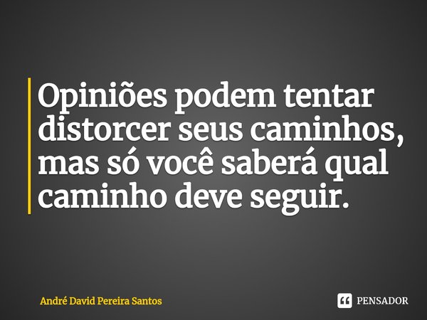 ⁠Opiniões podem tentar distorcer seus caminhos, mas só você saberá qual caminho deve seguir.... Frase de André David Pereira Santos.