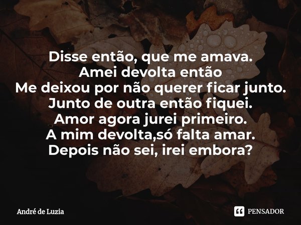⁠Disse então, que me amava.
Amei devolta então
Me deixou por não querer ficar junto.
Junto de outra então fiquei.
Amor agora jurei primeiro.
A mim devolta,só fa... Frase de André de Luzia.