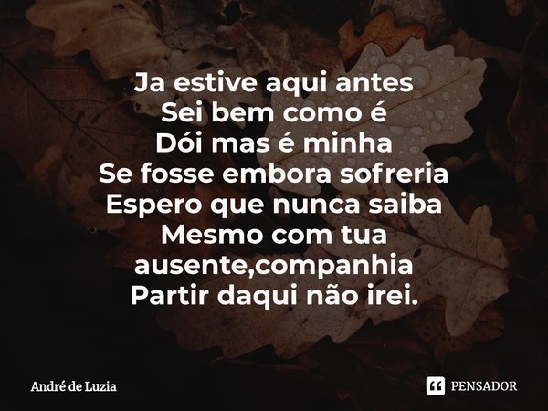 ⁠Ja estive aqui antes
Sei bem como é
Dói mas é minha
Se fosse embora sofreria
Espero que nunca saiba
Mesmo com tua ausente,companhia
Partir daqui não irei.... Frase de André de Luzia.