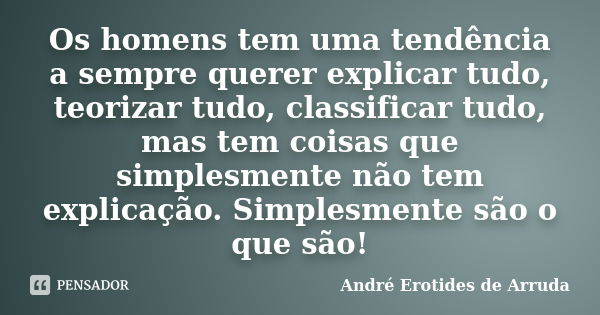 Os homens tem uma tendência a sempre querer explicar tudo, teorizar tudo, classificar tudo, mas tem coisas que simplesmente não tem explicação. Simplesmente são... Frase de André Erotides de Arruda.