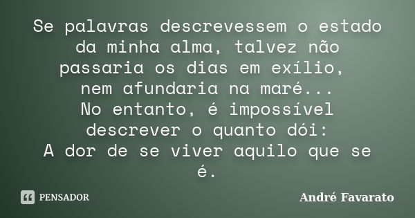 Se palavras descrevessem o estado da minha alma, talvez não passaria os dias em exílio, nem afundaria na maré... No entanto, é impossível descrever o quanto dói... Frase de André Favarato.