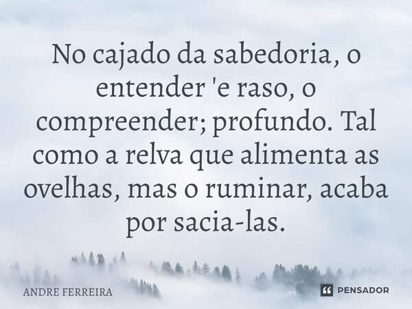 ⁠No cajado da sabedoria, o entender 'e raso, o compreender; profundo. Tal como a relva que alimenta as ovelhas, mas o ruminar, acaba por sacia-las.... Frase de André Ferreira.