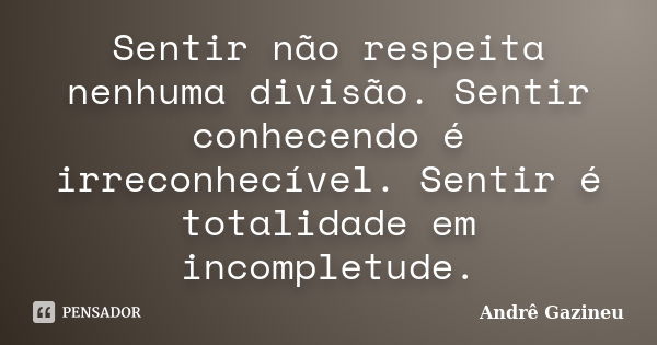 Sentir não respeita nenhuma divisão. Sentir conhecendo é irreconhecível. Sentir é totalidade em incompletude.... Frase de Andrê Gazineu.