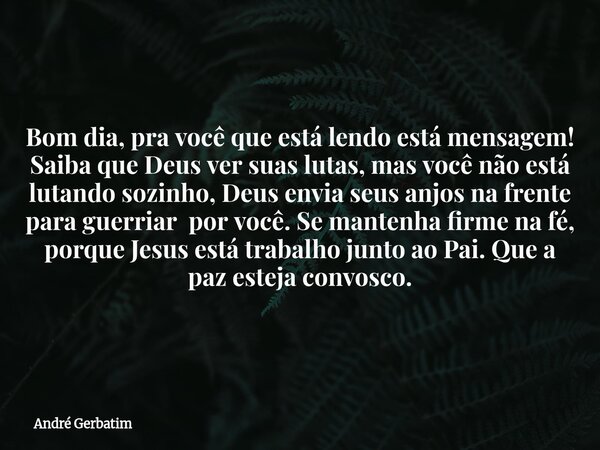 Bom dia, pra você que está lendo está mensagem! Saiba que Deus ver suas lutas, mas você não está lutando sozinho, Deus envia seus anjos na frente para guerriar ... Frase de André Gerbatim.