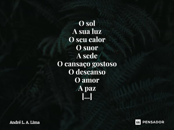 O sol A sua luz O seu calor O suor A sede O cansaço gostoso O descanso O amor A paz Um sonho lúcido Imaginario e real Esperitual Fluido Carnal Que o sangue semp... Frase de André L. A. Lima.