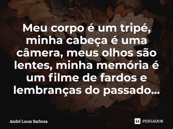 Meu corpo é um tripé, minha cabeça é uma câmera, meus olhos são lentes, minha memória é um filme de fardos e lembranças do passado...... Frase de André Lucas Barbosa.