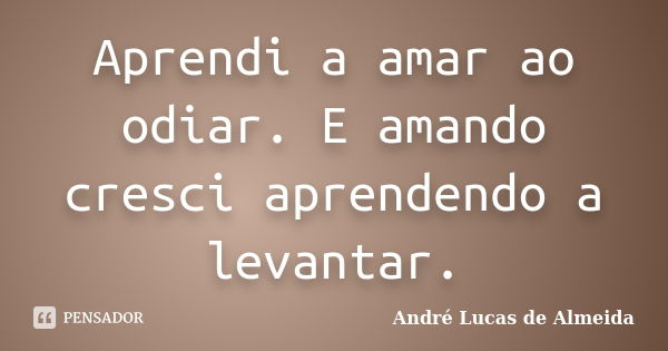 Aprendi a amar ao odiar. E amando cresci aprendendo a levantar.... Frase de André Lucas de Almeida.