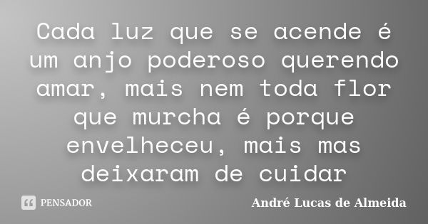 Cada luz que se acende é um anjo poderoso querendo amar, mais nem toda flor que murcha é porque envelheceu, mais mas deixaram de cuidar... Frase de Andre Lucas de Almeida.