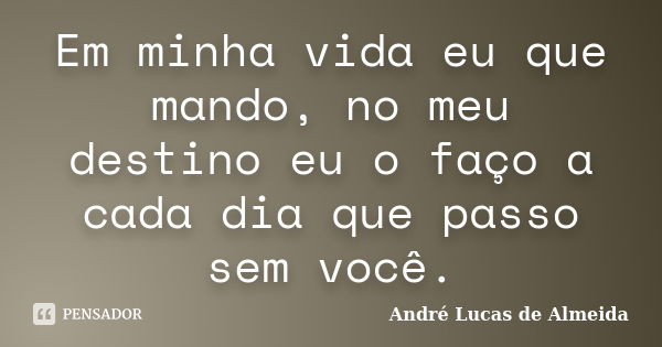 Em minha vida eu que mando, no meu destino eu o faço a cada dia que passo sem você.... Frase de Andre Lucas de Almeida.