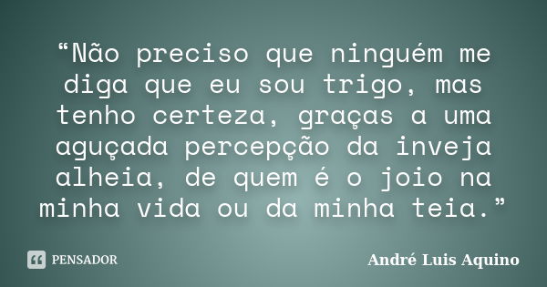 “Não preciso que ninguém me diga que eu sou trigo, mas tenho certeza, graças a uma aguçada percepção da inveja alheia, de quem é o joio na minha vida ou da minh... Frase de ANDRE LUIS AQUINO.