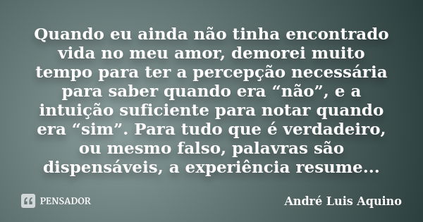 Quando eu ainda não tinha encontrado vida no meu amor, demorei muito tempo para ter a percepção necessária para saber quando era “não”, e a intuição suficiente ... Frase de Andre Luis Aquino.