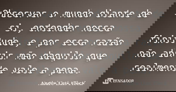 Observar o mundo diante de si, entender nossa finitude, e por essa razão não abrir mão daquilo que realmente vale a pena.... Frase de André Luis Fleck.