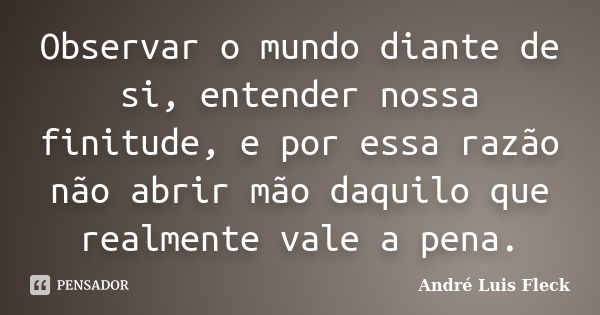 Observar o mundo diante de si, entender nossa finitude, e por essa razão não abrir mão daquilo que realmente vale a pena.... Frase de André Luis Fleck.