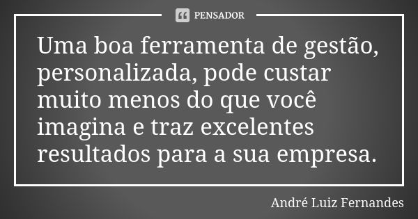 Uma boa ferramenta de gestão, personalizada, pode custar muito menos do que você imagina e traz excelentes resultados para a sua empresa.... Frase de André Luiz Fernandes.