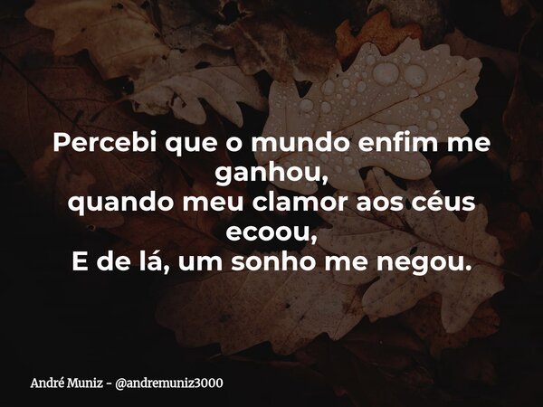 Percebi que o mundo enfim me ganhou, quando meu clamor aos céus ecoou, E de lá, um sonho me negou.... Frase de André Muniz - andremuniz3000.