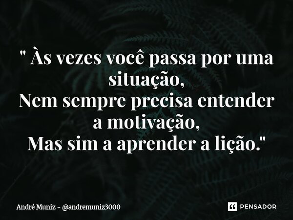 ⁠" Às vezes você passa por uma situação, Nem sempre precisa entender a motivação, Mas sim a aprender a lição. "... Frase de André Muniz - andremuniz3000.