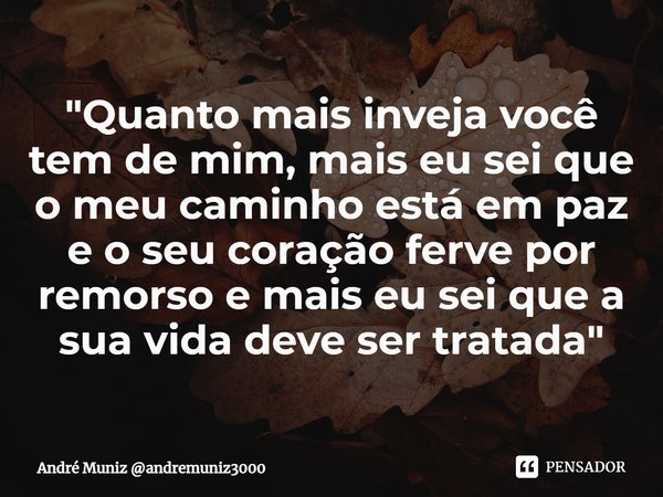 ⁠"Quanto mais inveja você tem de mim, mais eu sei que o meu caminho está em paz e o seu coração ferve por remorso e mais eu sei que a sua vida deve ser tra... Frase de André Muniz andremuniz3000.