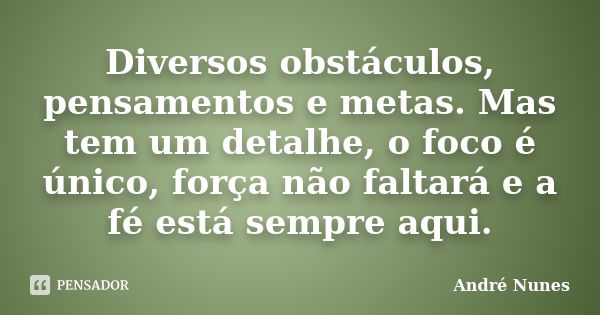 Diversos obstáculos, pensamentos e metas. Mas tem um detalhe, o foco é único, força não faltará e a fé está sempre aqui.... Frase de André Nunes.