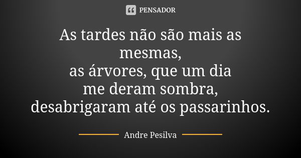 As tardes não são mais as mesmas, as árvores, que um dia me deram sombra, desabrigaram até os passarinhos.... Frase de Andre Pesilva.