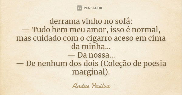 derrama vinho no sofá: — Tudo bem meu amor, isso é normal, mas cuidado com o cigarro aceso em cima da minha… — Da nossa… — De nenhum dos dois (Coleção de poesia... Frase de Andre Pesilva.