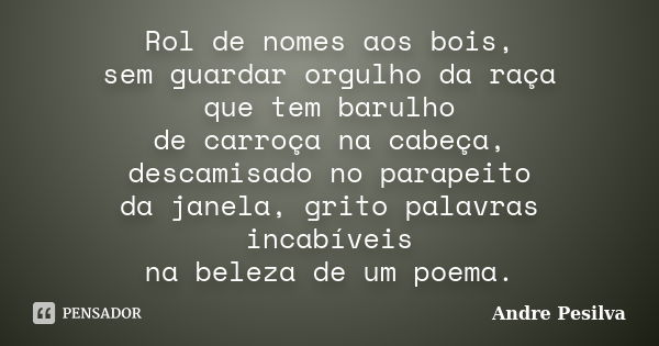 Rol de nomes aos bois, sem guardar orgulho da raça que tem barulho de carroça na cabeça, descamisado no parapeito da janela, grito palavras incabíveis na beleza... Frase de Andre Pesilva.