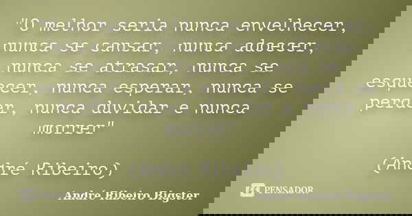 "O melhor seria nunca envelhecer, nunca se cansar, nunca adoecer, nunca se atrasar, nunca se esquecer, nunca esperar, nunca se perder, nunca duvidar e nunc... Frase de André Ribeiro Bigster.