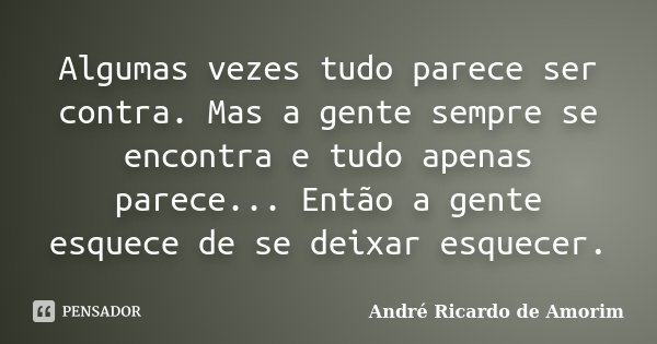 Algumas vezes tudo parece ser contra. Mas a gente sempre se encontra e tudo apenas parece... Então a gente esquece de se deixar esquecer.... Frase de André Ricardo de Amorim.