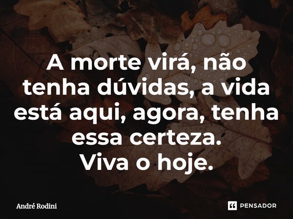 A morte virá, não tenha dúvidas, a vida está aqui, agora, tenha essa certeza.⁠ Viva o hoje.... Frase de André Rodini.