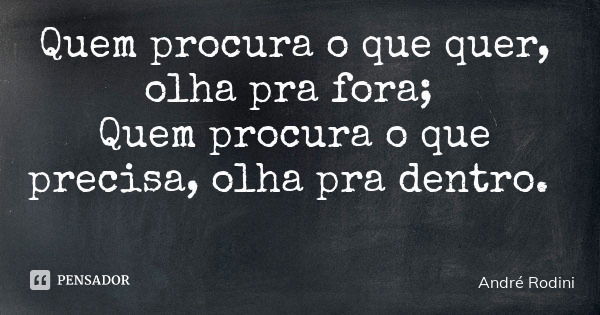 Quem procura o que quer, olha pra fora; Quem procura o que precisa, olha pra dentro.... Frase de André Rodini.