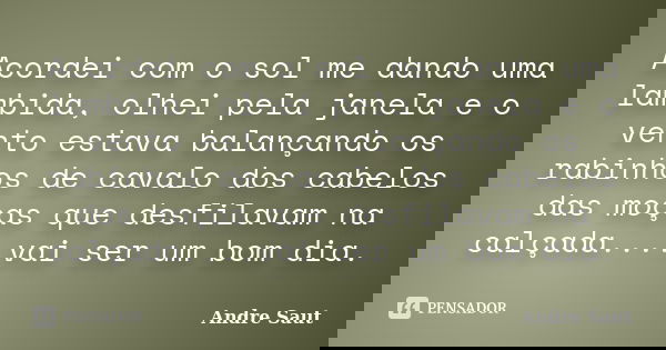 Acordei com o sol me dando uma lambida, olhei pela janela e o vento estava balançando os rabinhos de cavalo dos cabelos das moças que desfilavam na calçada....v... Frase de André Saut.
