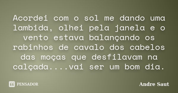 Acordei com o sol me dando uma lambida, olhei pela janela e o vento estava balançando os rabinhos de cavalo dos cabelos das moças que desfilavam na calçada....v... Frase de André Saut.