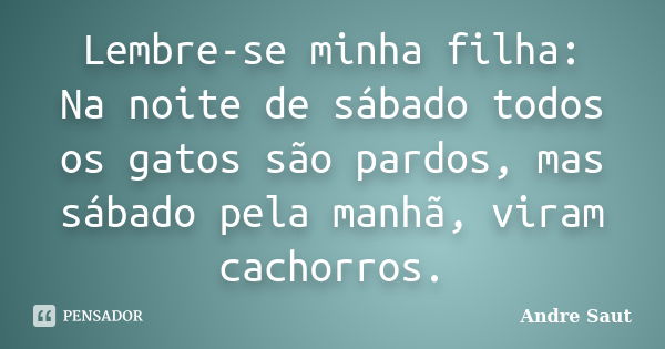 Lembre-se minha filha: Na noite de sábado todos os gatos são pardos, mas sábado pela manhã, viram cachorros.... Frase de Andre Saut.