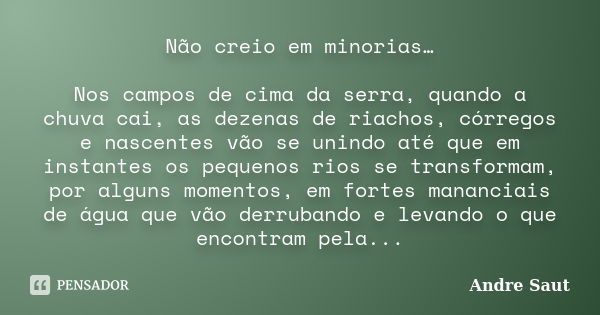 Não creio em minorias… Nos campos de cima da serra, quando a chuva cai, as dezenas de riachos, córregos e nascentes vão se unindo até que em instantes os pequen... Frase de Andre Saut.