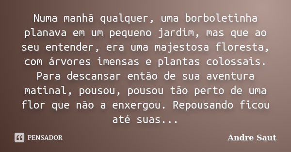 Numa manhã qualquer, uma borboletinha planava em um pequeno jardim, mas que ao seu entender, era uma majestosa floresta, com árvores imensas e plantas colossais... Frase de Andre Saut.