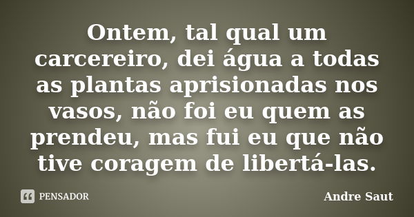 Ontem, tal qual um carcereiro, dei água a todas as plantas aprisionadas nos vasos, não foi eu quem as prendeu, mas fui eu que não tive coragem de libertá-las.... Frase de Andre Saut.