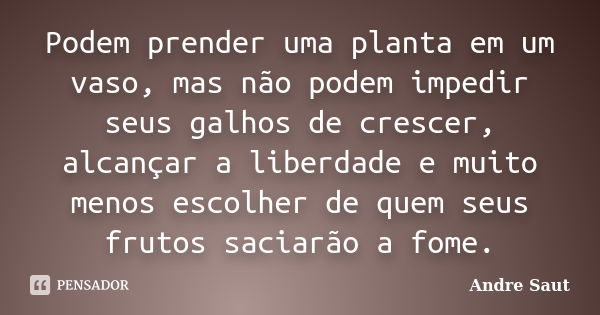 Podem prender uma planta em um vaso, mas não podem impedir seus galhos de crescer, alcançar a liberdade e muito menos escolher de quem seus frutos saciarão a fo... Frase de André Saut.