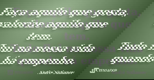 Faça aquilo que gosta, valorize aquilo que tem. Tudo flui na nossa vida quando há empenho.... Frase de André Suhanov.