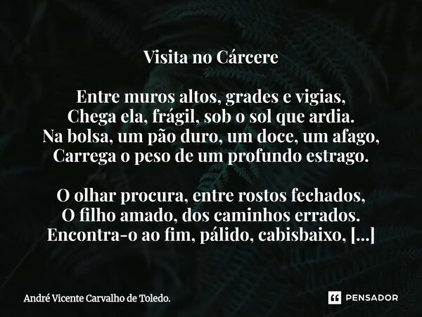 Visita no Cárcere Entre muros altos, grades e vigias, Chega ela, frágil, sob o sol que ardia. Na bolsa, um pão duro, um doce, um afago, Carrega o peso de um pr... Frase de André Vicente Carvalho de Toledo..