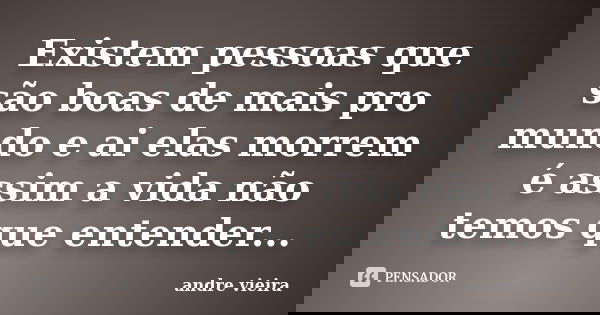 Existem pessoas que são boas de mais pro mundo e ai elas morrem é assim a vida não temos que entender...... Frase de Andre vieira.