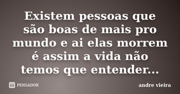 Existem pessoas que são boas de mais pro mundo e ai elas morrem é assim a vida não temos que entender...... Frase de Andre vieira.