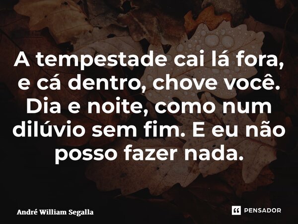 ⁠A tempestade cai lá fora, e cá dentro, chove você. Dia e noite, como num dilúvio sem fim. E eu não posso fazer nada.... Frase de André William Segalla.