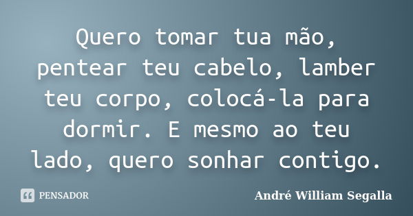 Quero tomar tua mão, pentear teu cabelo, lamber teu corpo, colocá-la para dormir. E mesmo ao teu lado, quero sonhar contigo.... Frase de André William Segalla.